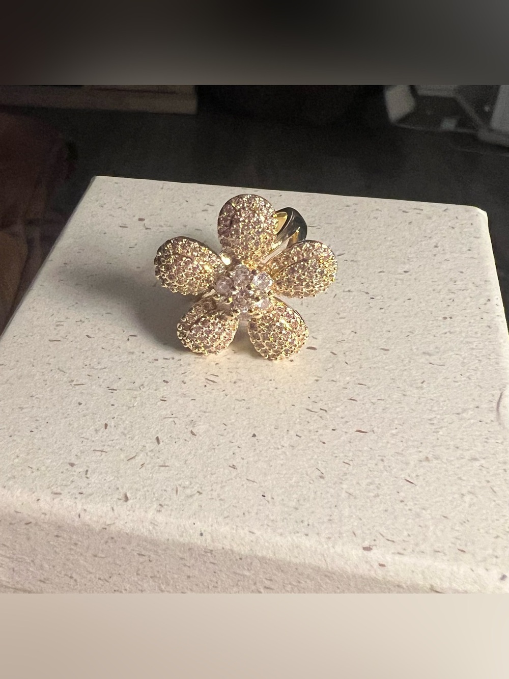 Statement Gold-Tone Pavé Flower Cocktail Ring (Adjustable).